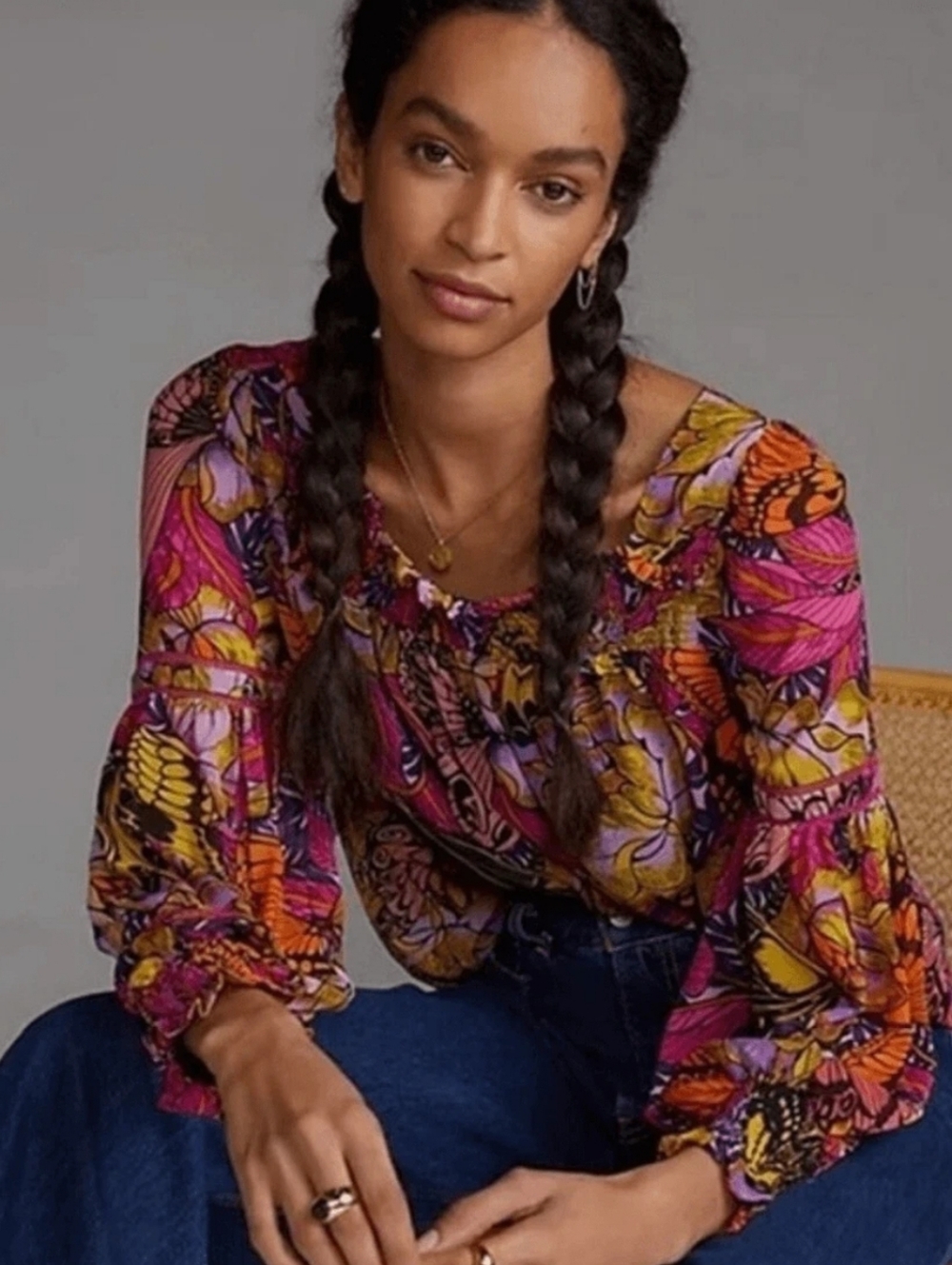 Anthropologie Alexandra Farmer Floral Butterfly Puff Sleeve Blouse size M - Picture 8 of 9